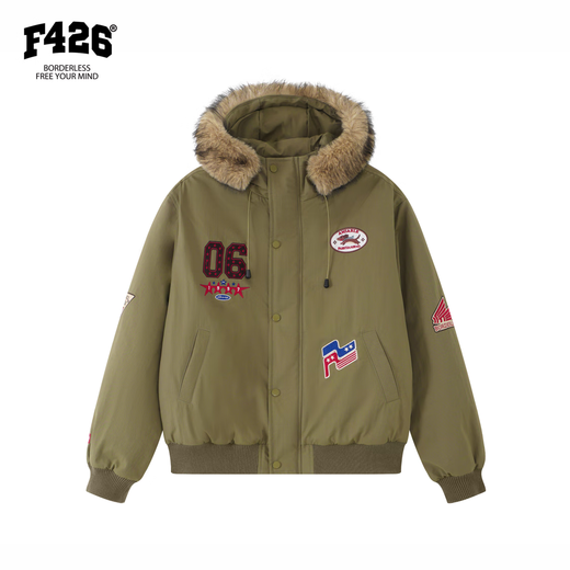 F426 Zhao Lusi's same style 25-year new winter American retro hooded fur collar jacket military green S