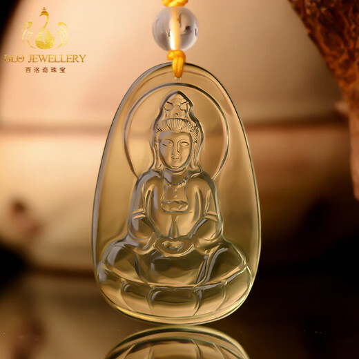 Bailuoqi Natural Citrine Guanyin Pendant Necklace Guanyin Bodhisattva Pendant Ping An Men's Buddha Statue Native Buddha Amulet Citrine (With Lanyard)