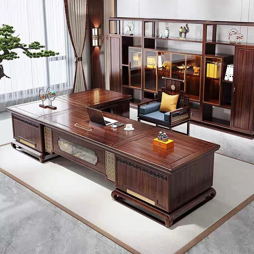 Tanxiao New Chinese Style Black Gold President Desk Boss Desk Executive Desk Bookcase Solid Wood Light Luxury High-End Study Furniture For Color and Size Customization Contact Customer Service