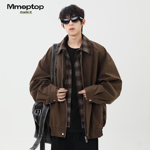 MMOPTOP American fake two-piece plaid spliced lapel jacket autumn and winter men's windproof jacket MJK22 coffee L