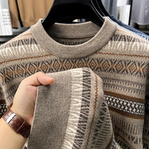 100% Wool Autumn and Winter New Men's Thickened Long Jacquard Casual Sweater Sleeve Cardigan 3773 Flower Camel 4XL