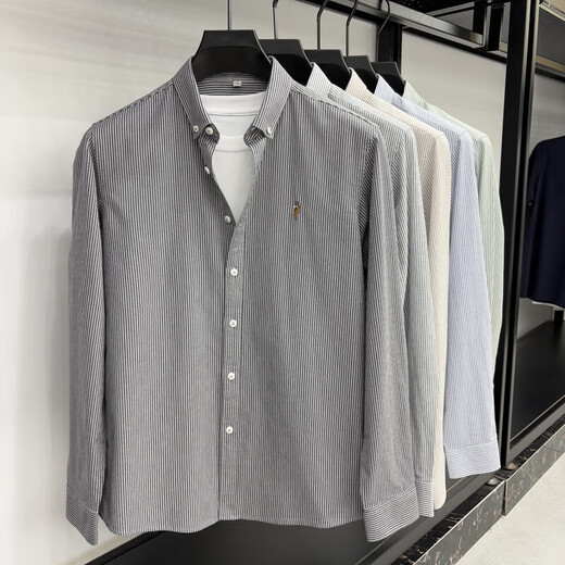 LAORENTOU Paul embroidered cotton long-sleeved shirt men's lapel business casual top high IF-25120 dark gray M recommended 90-125Jin Jin equals 0.5 kg