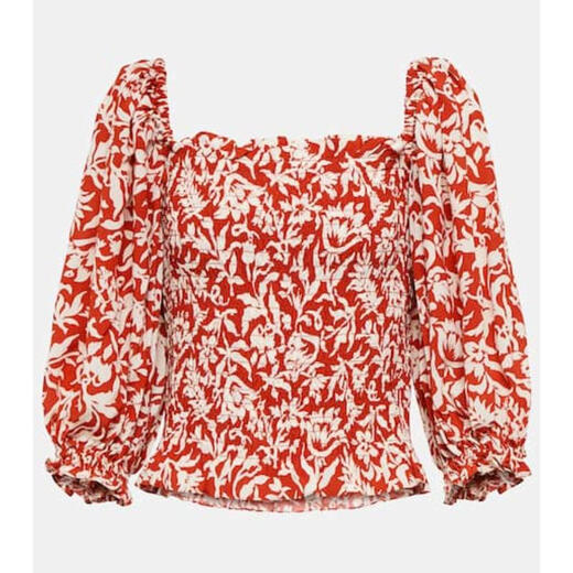 Ralph Lauren pony mark light luxury women's CREPE floral smocked top red 20 | L