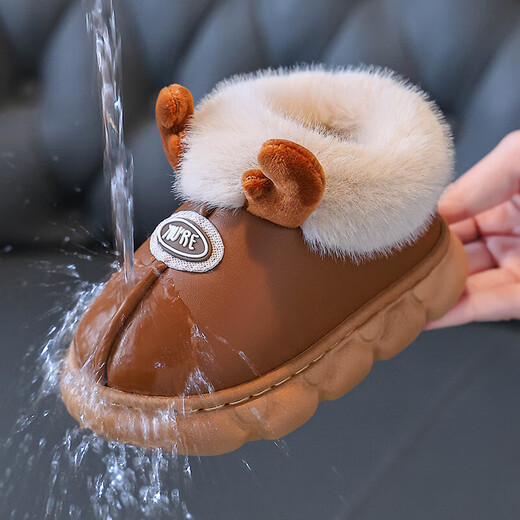 2025 winter children's cotton shoes for boys and girls PU leather style 1-9 years old home indoor non-slip warm waterproof cotton slippers leather style - dark blue - heel included 20.5 -34/35 inner length 20.5CM about 7-8 years old