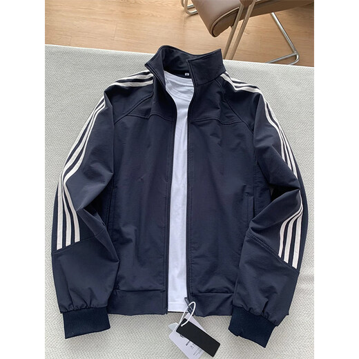 Cantu Three Stripes Jacket Jacket Men's Autumn and Winter Baseball Uniform American Stand Collar Design Loose Trendy Cotton Tops Navy Blue Regular Spring and Autumn Jacket L Recommended 100Jin Jin is equal to 0.5kg to 120Jin Jin is equal to 0.5kg
