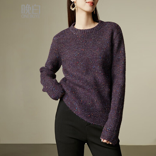 Late White Exclusive 2025 Winter Fashion Casual Sweater Solid Color Wool Sweater for Women Without Belt Purple M
