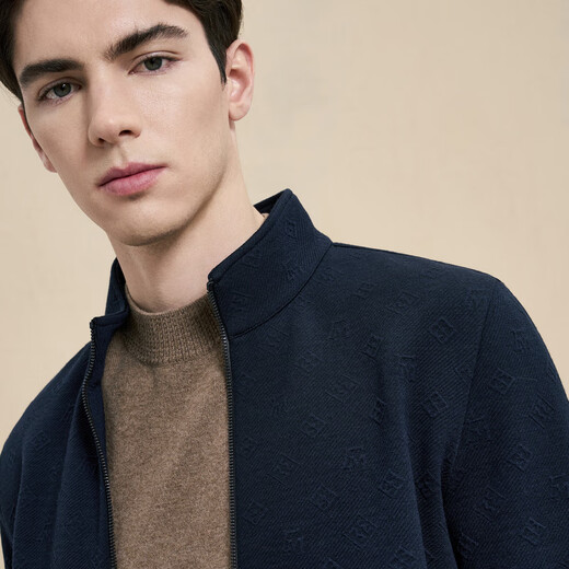 EMZ鄂尔多斯【超轻羊毛】秋冬轻商务休闲立领针织开衫夹克外套男 兰灰 L 175/92A