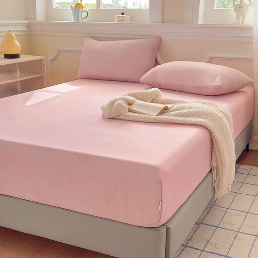 Nanjiren Milk Velvet Bed Sheet 1.8x2m Double 1.5x2m Mattress Protector Winter Baby Velvet Coral Velvet Bedspread Cover Bean Paste Powder All-Inclusive Non-Slip Thickened Warm Single Bed Sheet 90cm*200cm