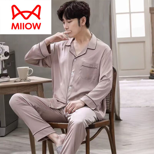 猫人（MiiOW）高端男款睡衣春秋款长袖长裤套装男秋季2025新款感家居服外穿 3899黑灰色 2XL (体重155到175)