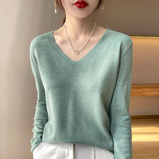 2025 new autumn fashionable bottoming shirt V-neck long-sleeved pullover sweater loose slimming versatile women's top pullover V-neck - gray XL 120-140Jin Jin equals 0.5 kg