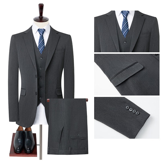 GOLDLION G+Goldlion Solid Color Suit Three-piece Men's Business Casual Korean Style Business Slim Groom Wedding Dress Suit Men Flagship Official Dark Gray XL 180/96A 130-145Jin Jin equals 0.5 kg