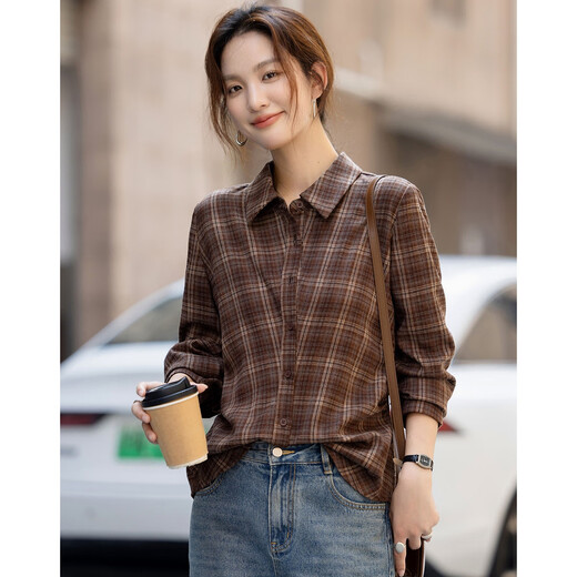 Demana Geometric Aesthetics Winter Intelligent Commuting Lapel Plaid Shirt Side Pleated Waist Shirt Women's Top
