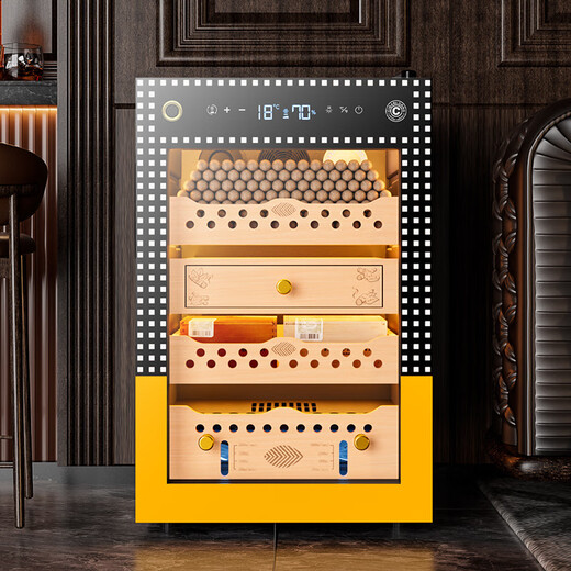 Shantou Lincun Qielong fingerprint lock cigar cabinet constant temperature and humidity cedar wood shelf water ion removal of ammonia alcohol WIFI cigar cabinet 60C wake-up cigar box model ammonia purification + WiFi + fingerprint lock + cedar wood shelf