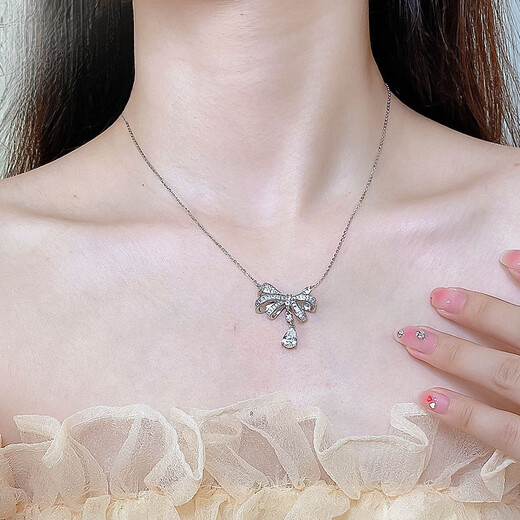 PT950 platinum full diamond bow moissanite necklace light luxury niche design imitation diamond temperament water drop necklace D-E/extreme white 1 carat LC/mirror flawless 40+5cm