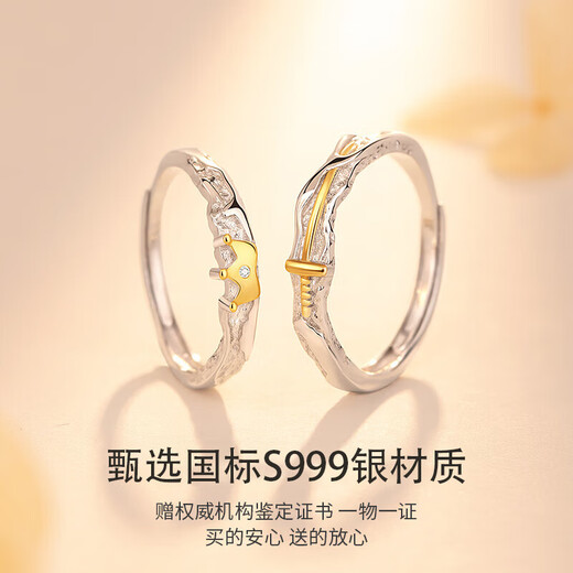 Princess and Prince Couple Ring 999 Pure Silver Ring Birthday Chinese Valentine's Day Gift for Girlfriend and Boyfriend Princess and Knight 999 Pure Silver-Men's Ring Original Gift Box