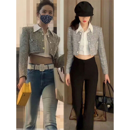 格子外套女短款玫瑰故事黄亦玫感纽扣长袖小香风外衣 衬衣 S S