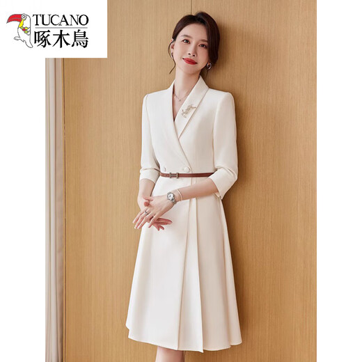 
Woodpecker brand off-white formal occasion dress for women's temperament fashionable suit host speech contest high-end profession off-white short-sleeved dress (half-pleated) L