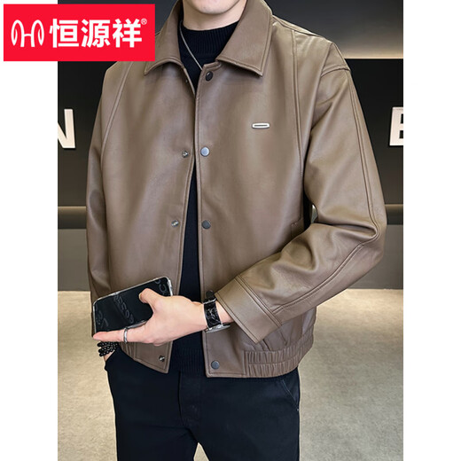 Hengyuanxiang Leather Jacket Men's 2026 New Spring and Autumn Trendy Lapel Casual Men's Motorcycle Leather Jacket Brown XL