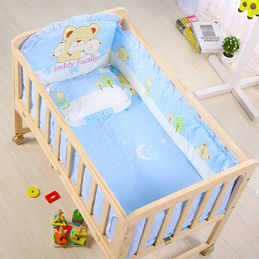 Tongjian crib solid wood paint-free environmentally friendly baby bed crib rocker baby cradle bed bed + mosquito net + three bears five-piece set single-layer large bed 102x60 0-3 years old