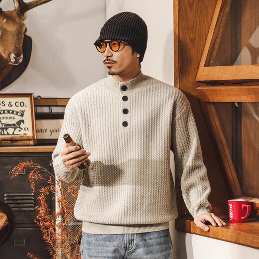 Jay Leno American retro heavyweight Henry collar sweater men's new winter warm velvet autumn and winter half turtleneck sweater jacket light gray 790g heavy M suitable for 100-125Jin Jin equals 0.5 kg