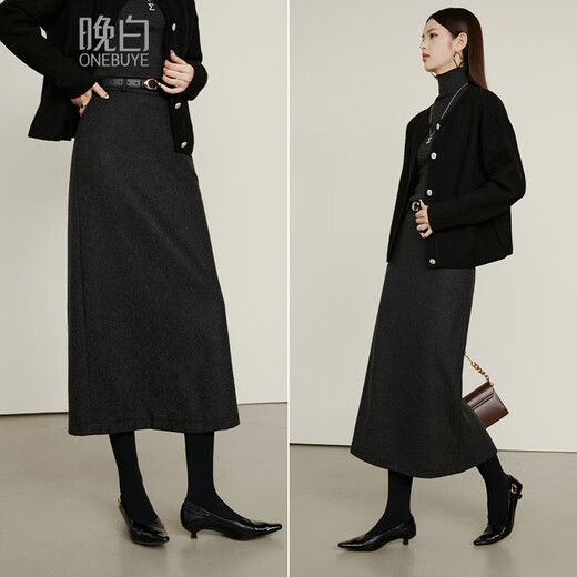 Late White New Product 2025 Autumn Fashion Casual Skirt Straight Solid Color Wool Skirt Without Belt Dark Gray L
