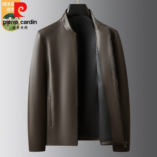 Pierre Cardin first layer sheepskin genuine leather jacket for men 2025 spring and autumn new business casual middle-aged leather jacket motorcycle jacket champagne color XL 180
