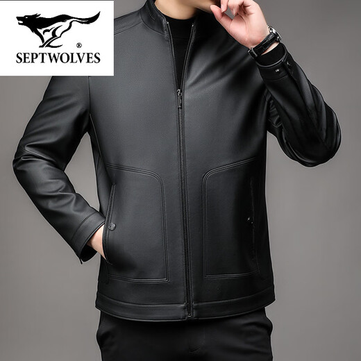 SEPTWOLVES stand collar leather jacket for men middle-aged dad autumn and winter new leather jacket men's business casual plus fleece leather jacket black thin 2XL 185 (suitable for weight 150-165)