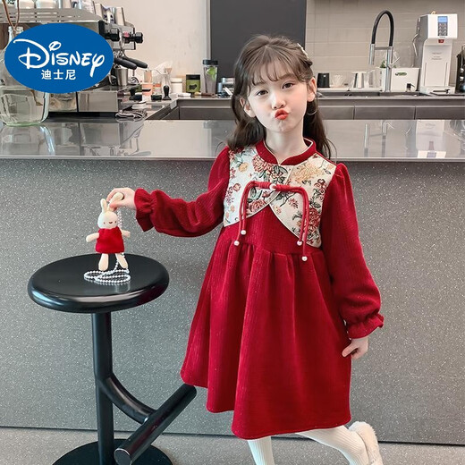 Disney Baby Girl Herbst- und Winterkleid 2025 New Children's Palace Rote Prinzessin Kleid kleines Mädchen Chinesische Stil Chinese Style Cheongam Rock Red (Winter plus Samt, Give Dolls) 130 (Upgrade -Modell)
