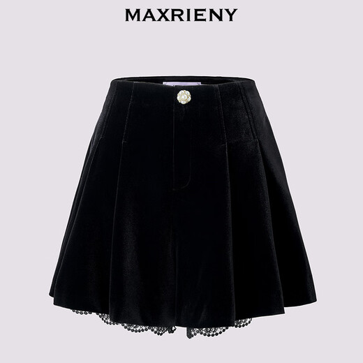 MAXRIENY French Retro Waist A-Type Velvet Shorts 25 Autumn Style Lace Splicing Umbrella Hem High Waist Skirts Women Black S
