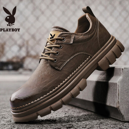 PLAYBOY Leather Shoes Men's 2025 Autumn Business Casual Shoes Soft Sole British Formal Shoes Low-top Work Shoes Brown 42