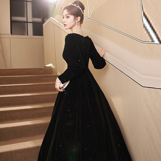Libaixin black long-sleeved evening dress female celebrity banquet annual meeting long dress host French adult ceremony art test dress autumn and winter blue 2XL recommended 122-128Jin Jin equals 0.5 kg