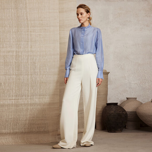 OMNIALUO Oberano high-end stand-up collar linen shirt women's long-sleeved 2025 autumn new commuter OL temperament mulberry silk top B09 blue S