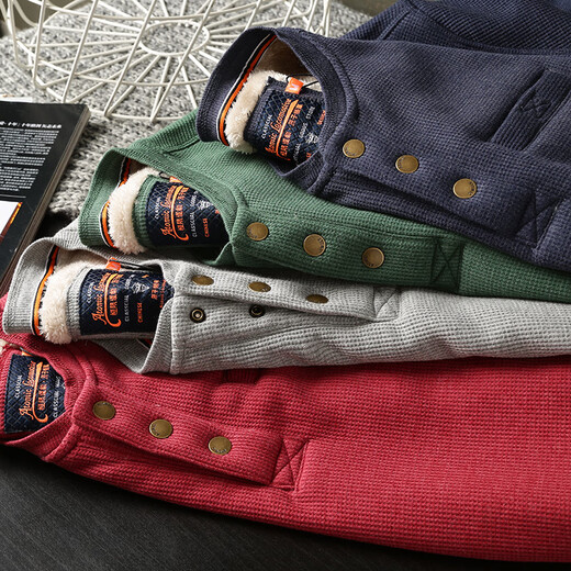 IMPRESSWIT Henry collar sweatshirt men's velvet waffle long-sleeved T-shirt warm lamb velvet cotton thickened trendy brand jacket green M