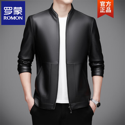 ROMON high-end Haining leather jacket men's suit collar jacket casual jacket men's suit top spring and autumn new style black M 170