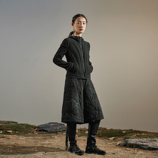 Rishuo Thinsulate cotton five-quarter shorts women's 2025 autumn and winter popular outer wear elastic high-waisted a-line embroidered casual pants Yuma black L