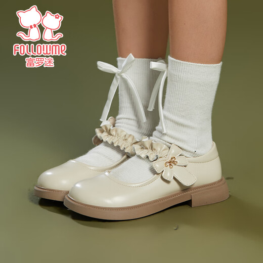 Fuluo Mi Girls' Leather Shoes Spring and Autumn New Square-Odor Breathable Soft Sole Single Shoes Children's Campus Performance Shoes Beige 35