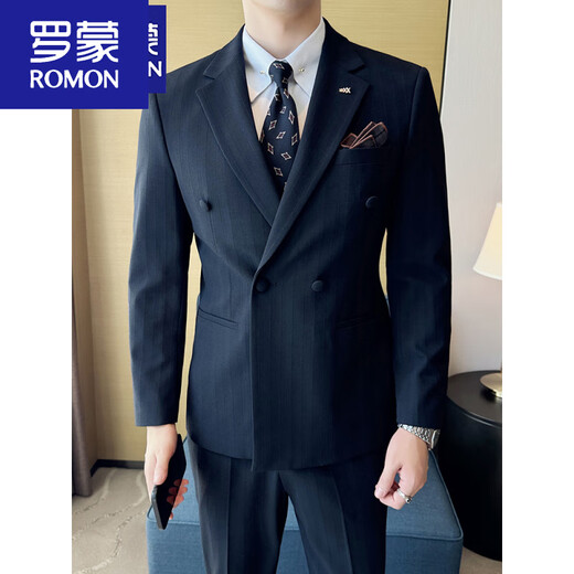 ROMON double-breasted suit men's business professional formal fit groom wedding suit fashionable British navy blue three-piece suit + vest + pants shirt 7XL 64205-220Jin Jin equals 0.5 kg to wear
