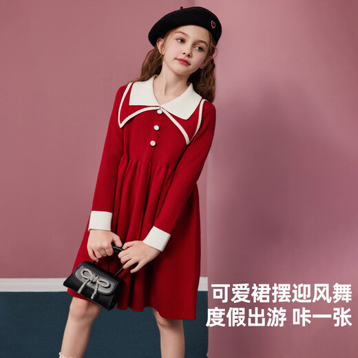 ASK JUNIOR Girls Skirt 2025 Winter Warm Double Lapel Contrast Color Knitted Princess Skirt New Year Red Dress