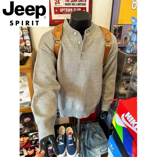 JEEP SPIRITcleanfit gray Henry collar knitted sweatshirt for men in autumn and winter American lazy style sweater Polo shirt with inner base light gray M