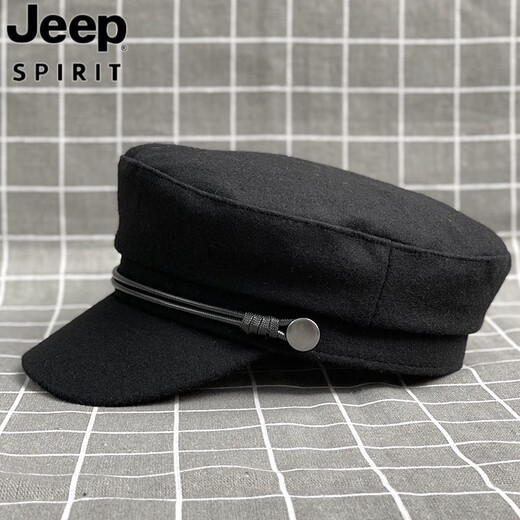 JEEP SPIRIT Japanische Retro-Baskenmütze für Männer und Frauen mit flachem Zylinder, Herbst und Winter, dickes Wachsseil, Temperamentversion, Zeitungsjungenmütze, Entenschnabel, Malerhut, schwarz, dickes Wachsseil, volle Wolle, flaches Oberteil, M