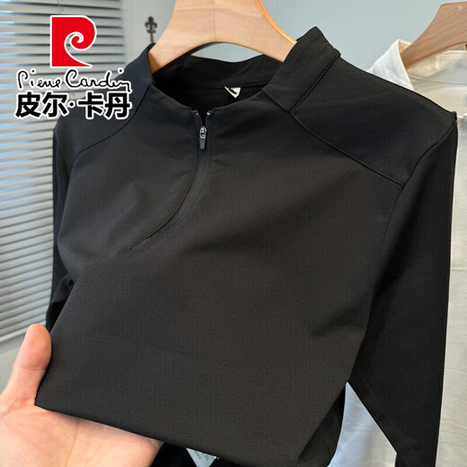 Pierre Cardin half-zip Henry collar long-sleeved T-shirt men's spring and autumn new sports and leisure stitching solid color bottoming shirt men's black 2XL