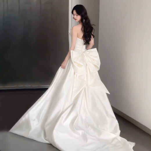 宝思源典雅礼服晚宴服主持人艺考生法式质感抹胸缎面鱼尾轻婚纱新娘婚纱 齐地中腰款 L