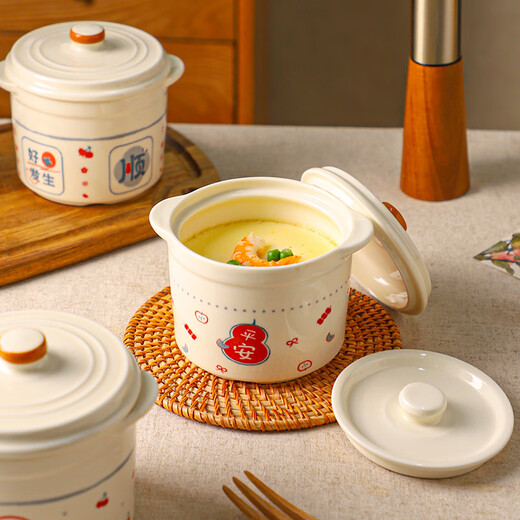 Sheli Chinese double-lid stew pot, double-ear ceramic water-proof stew steamed egg bowl, stew pot, household dessert bird's nest special soup cup, two packs, Fu style + Ping An style/small spoon, 550ml, can be steamed and baked | double cover to lock in freshness