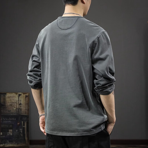 JEEP SPIRIT Jeep high-end pure cotton long-sleeved t-shirt for men 2025 new loose thin spring and autumn Henry collar bottoming shirt sweatshirt carbon gray 2XL (150-170) Jin Jin equals 0.5 kg