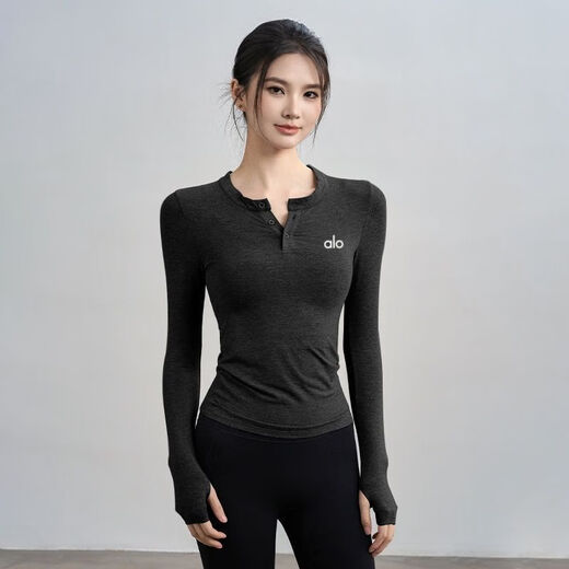ALO YOGA yoga wear long-sleeved women's new slim sports top Pilates fitness training set gray top + black shorts S recommended 80-100Jin Jin equals 0.5 kg