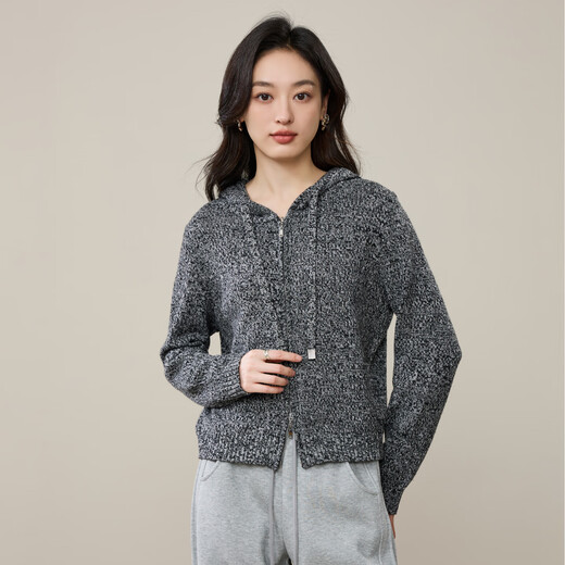 ESE-Y Yiyang hooded knitted cardigan for women 2025 winter new loose slimming double zipper soft waxy thickened sweater jacket floral gray M