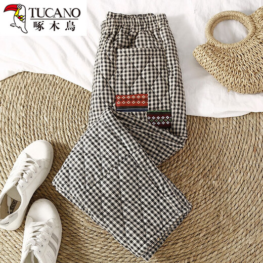 Woodpecker Japanese original shopping mall women's outerwear warm cotton and linen quilted harem pants high-waisted plaid light down cotton pants black plaid (small amount) 3XL recommended 140-155 Jin Jin equals 0.5 kg