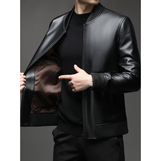 KBXNG劲霸2025秋季新款海宁真皮皮衣男士短款绵羊皮夹克棒球服潮流休闲 黑色薄款 黑色薄款 M 170(100-120斤)