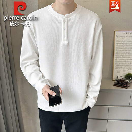 Pierre Cardin Henry Collar Long Sleeve T-Shirt Men's 2025 New Spring and Autumn Autumn Clothes Button Solid Color Inner Bottoming Shirt Sweatshirt Men's 433 White L 115-135Jin Jin is equal to 0.5 kg