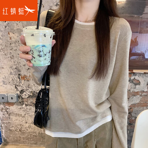 Red Dragonfly T-shirt Women's Long Sleeve Knitted Sweater Relaxed 2025 New Round Neck Bottoming Shirt Lazy Sweater Fake Two-piece Top Oatmeal Color One Size One Size Recommended 80-130 Jin Jin equals 0.5 kg